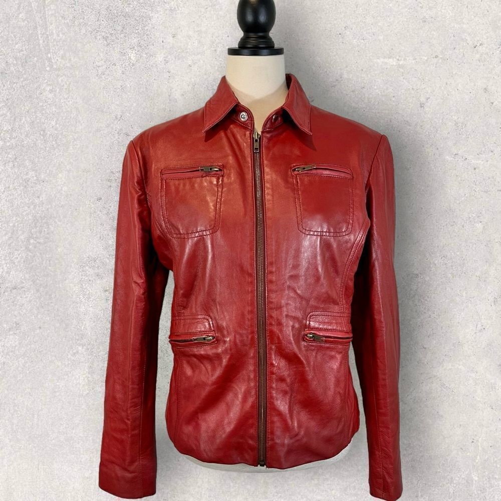 Petorucci Red Leather Jacket Full Zip Front Zippered Pockets, Size 2XL